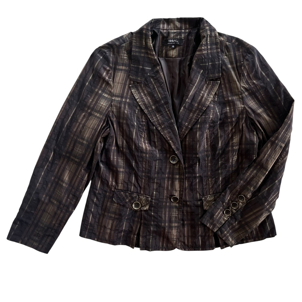Tribal Women 16 Brown Gold Plaid Long Sleeve 2 Button Closure Blazer Preppy Chic